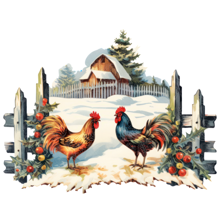 Farm christmas roosters facing each other by snowy fence, barn and pine trees behind, holly berries, Grey Barn Handwerk, Saskatchewan.